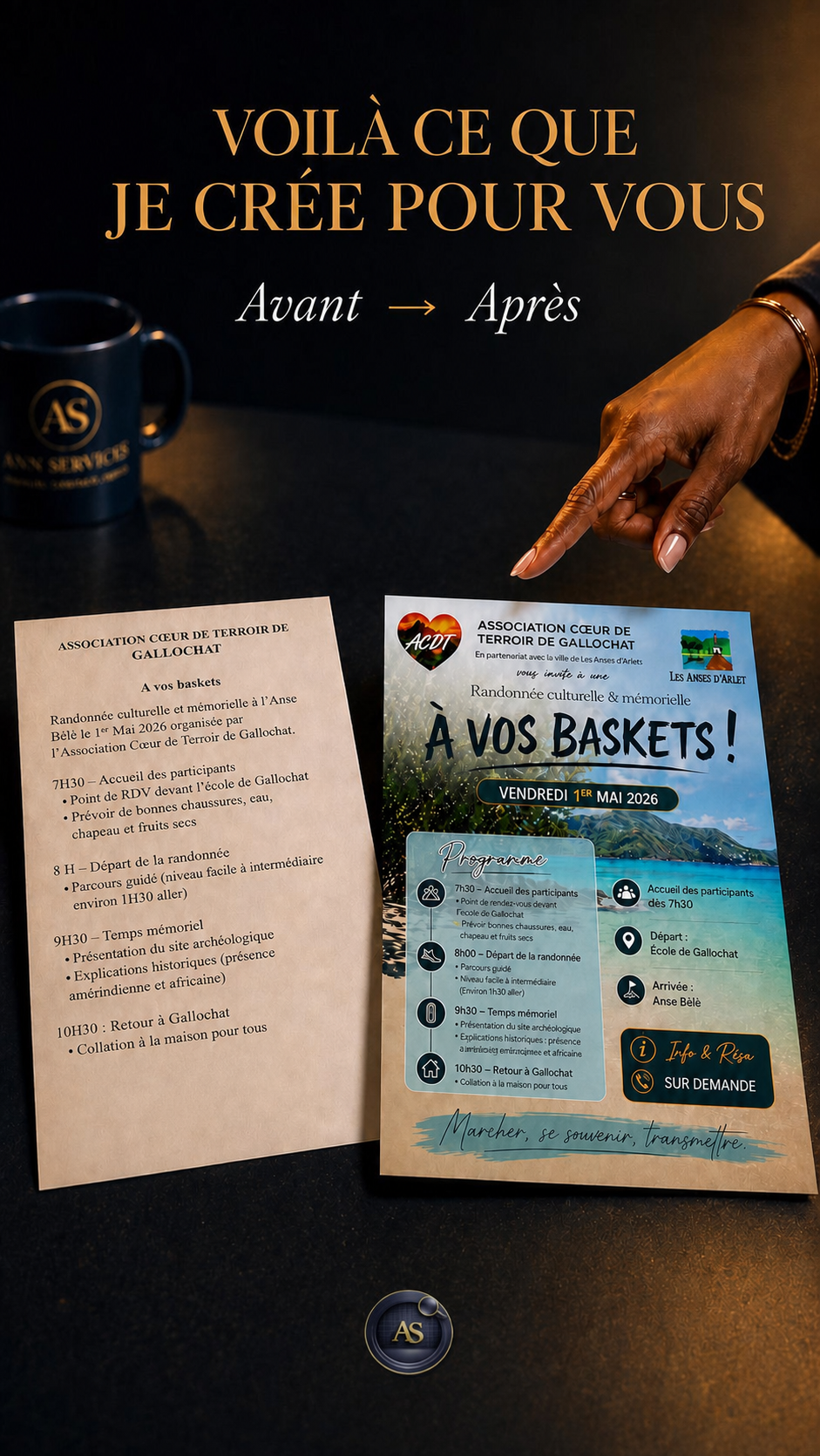 Exemple avant et après d’un flyer conçu par Ann Services, coordonnées client anonymisées